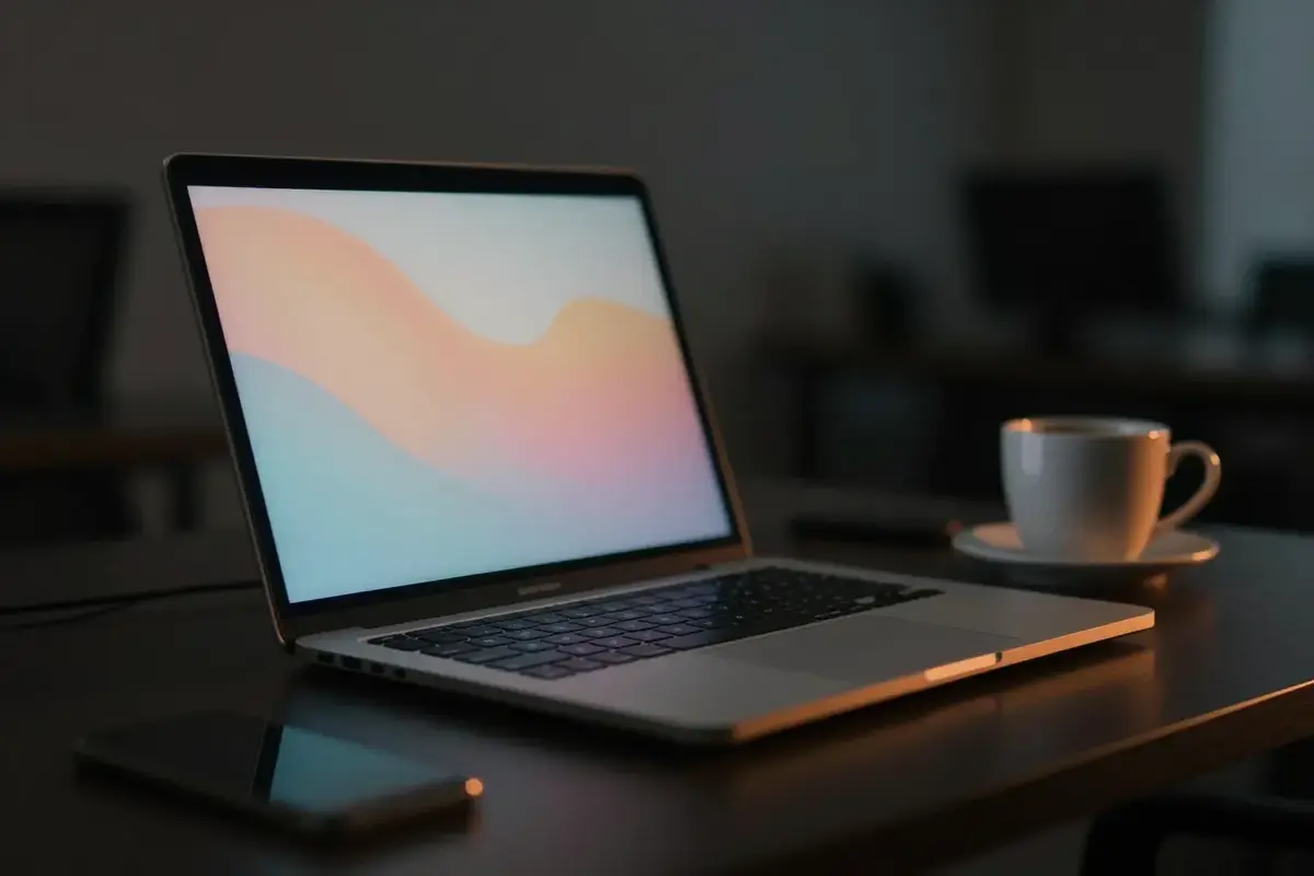 Laptop auf einem Schreibtisch im abendlichen Büro