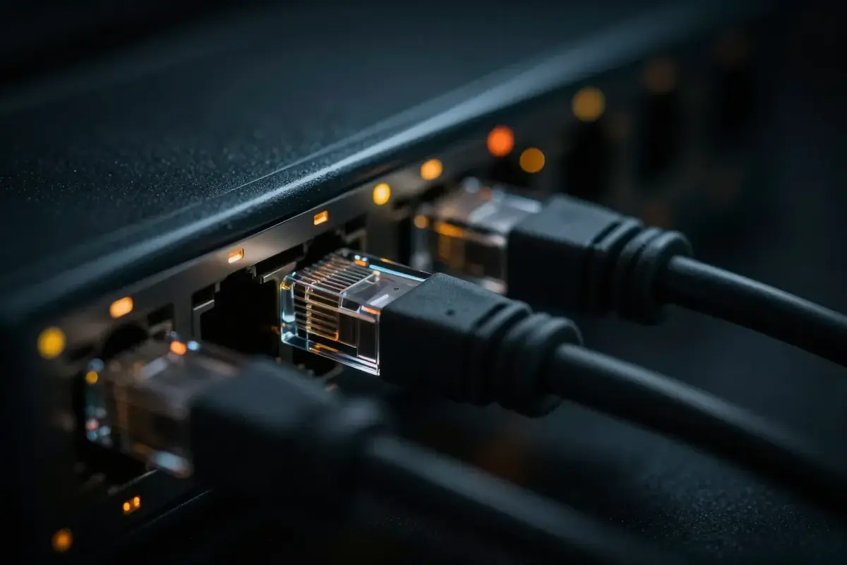 Netzwerkkabel in einem Switch mit leuchtenden Statuslampen