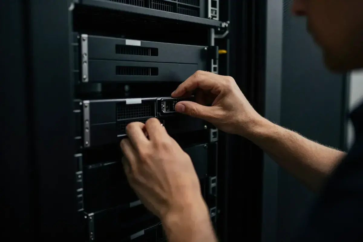 Techniker setzt eine Festplatte in einen Rack-Server ein