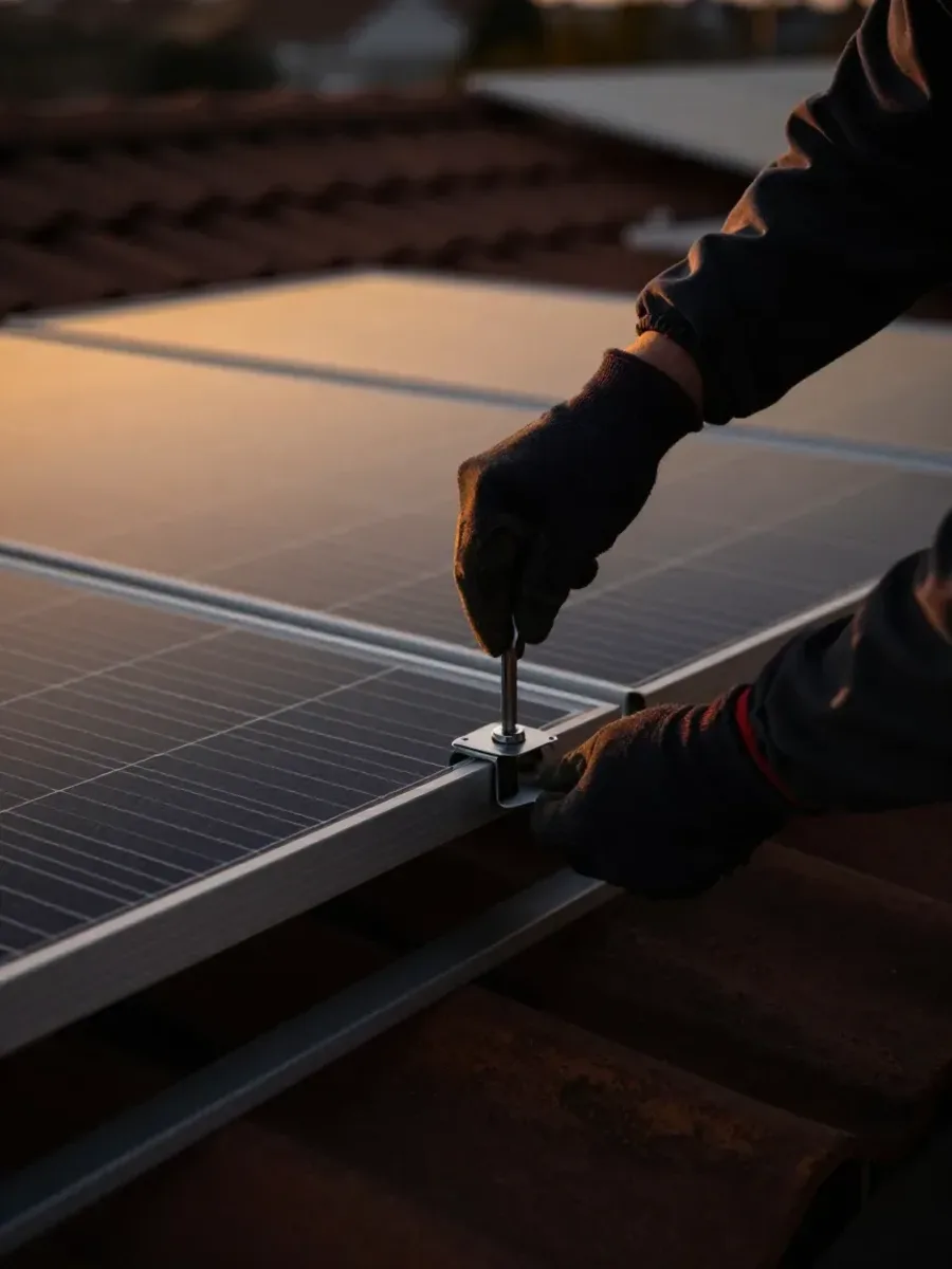 Hände in Arbeitshandschuhen ziehen eine Modulklemme am Rahmen eines Solarmoduls auf dem Ziegeldach fest, Abendlicht