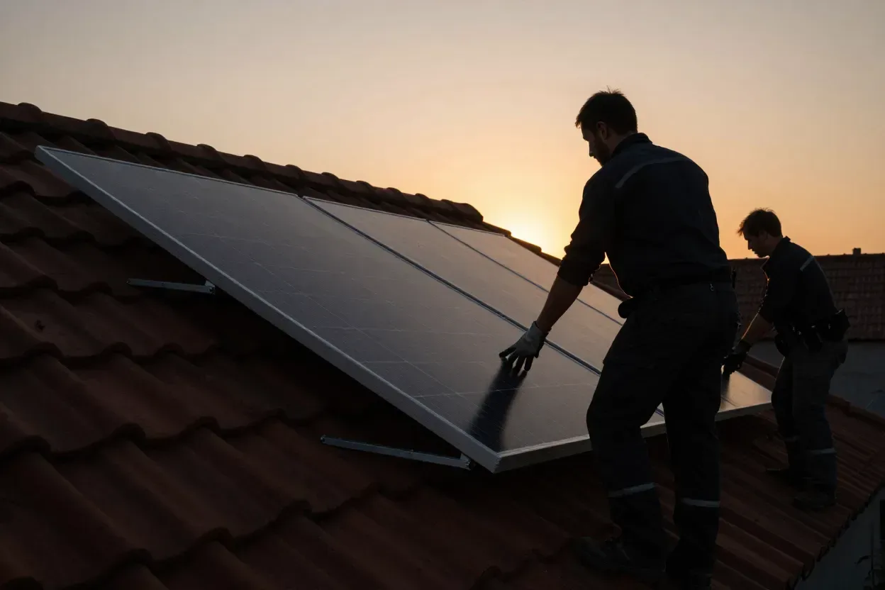 Zwei Monteure im Gegenlicht legen ein Solarmodul auf die Montageschienen eines Ziegeldachs